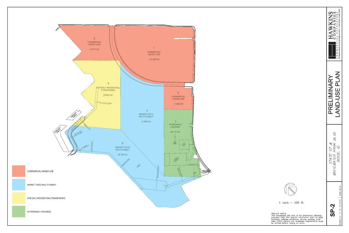 This map shows a potential site plan from the trio of developers with commercial at top, affordable housing at bottom right, apartments in the center and homes for sale at left. Hawkins Cos.
