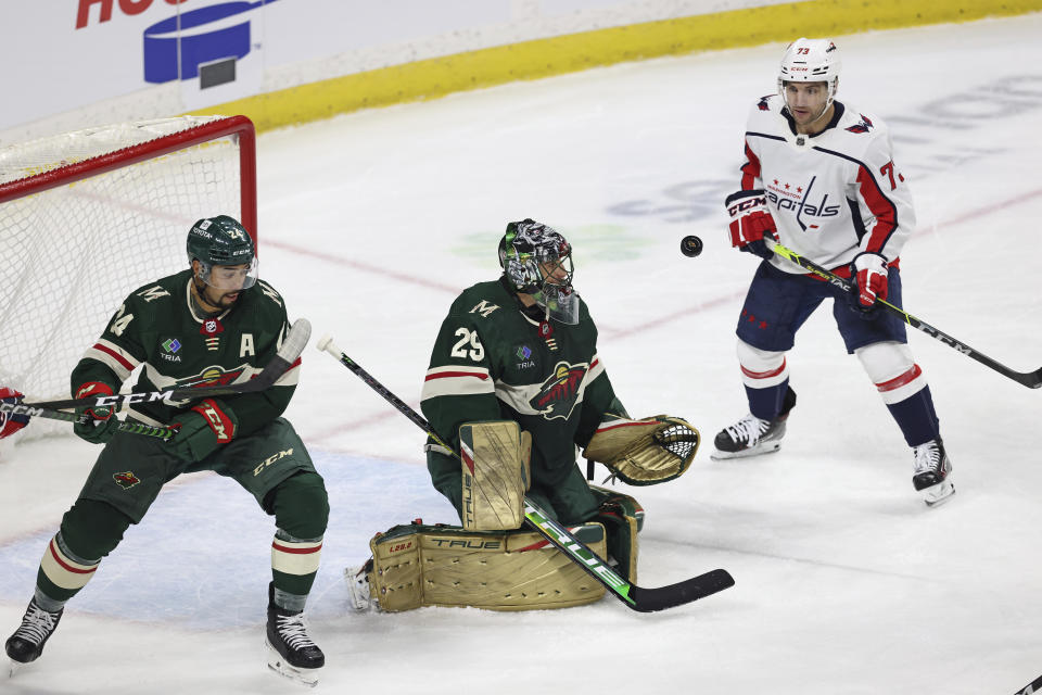 Minnesota Wild goaltender Marc-Andre Fleury (29) blocks the puck during the first period of an NHL hockey game against the Washington Capitals, Sunday, March 19, 2023, in St. Paul, Minn. (AP Photo/Stacy Bengs)