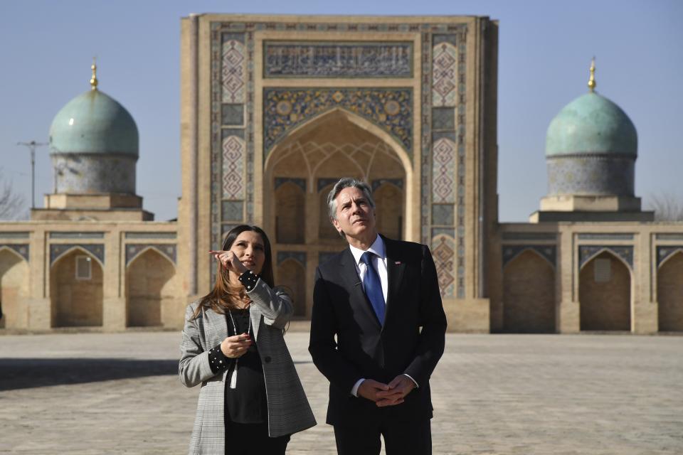 U.S. Secretary of State Antony Blinken, right, visits the Khast-Imam cultural site ensemble in Taschkent, Uzbekistan, Wednesday, March 1, 2023. (AP Photo)