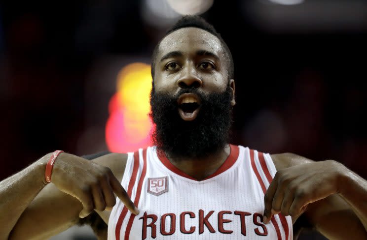 James Harden celebrates a Rockets win. (Associated Press)