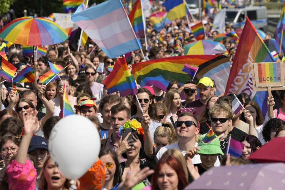 People take part in the Equality Parade, an LGBT pride parade, in Warsaw, Poland, Saturday, June 17, 2023. (AP Photo/Czarek Sokolowski)