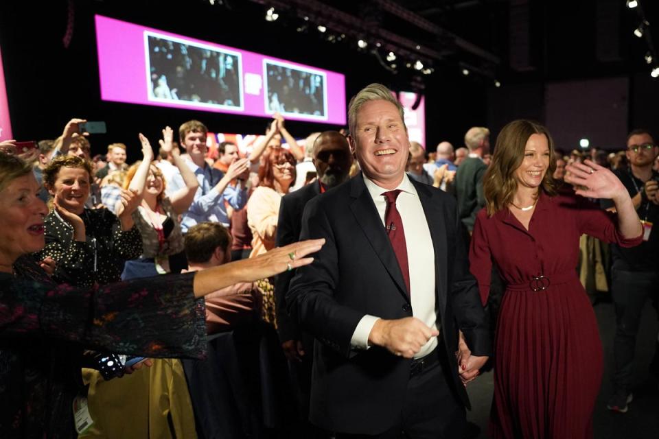 Labour Party leader Sir Keir Starmer, with his wife Victoria, leaves the stage after giving his keynote address during the Labour Party Conference at the ACC Liverpool (Stefan Rousseau/PA) (PA Wire)