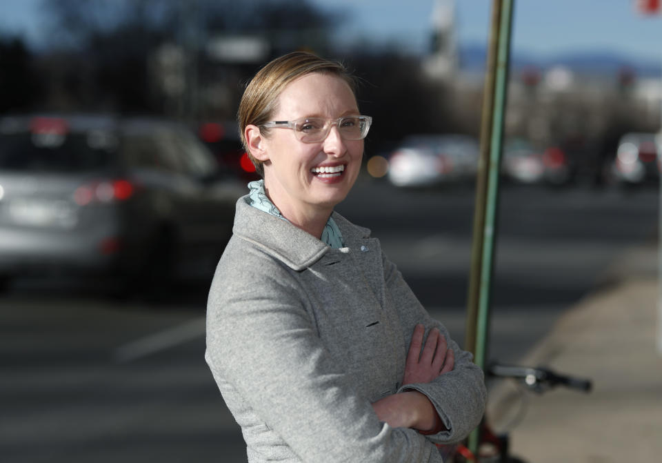 Lisa Raville, executive director of the Harm Reduction Action Center, is shown outside the safe injection site across Colfax Avenue from the State Capitol Tuesday, Nov. 27, 2018, in Denver. (AP Photo/David Zalubowski)