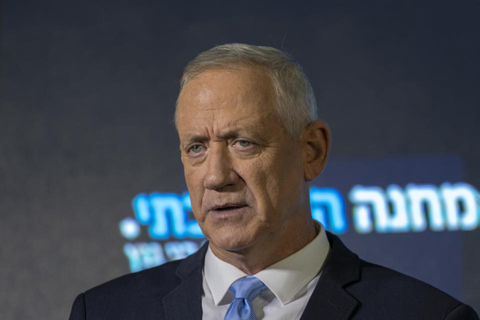 FILE - Benny Gantz speaks at the announcement of former IDF chief Gadi Eisenkot's election bid in Ramat Gan, Israel, Sunday, Aug. 14, 2022.  Gantz said Friday, Aug. 26, it was important to maintain capabilities for “defensive and offensive purposes” as he met with a senior U.S. official to reiterate Israel's opposition to an emerging nuclear deal with Iran. (AP Photo/ Tsafrir Abayov, File)