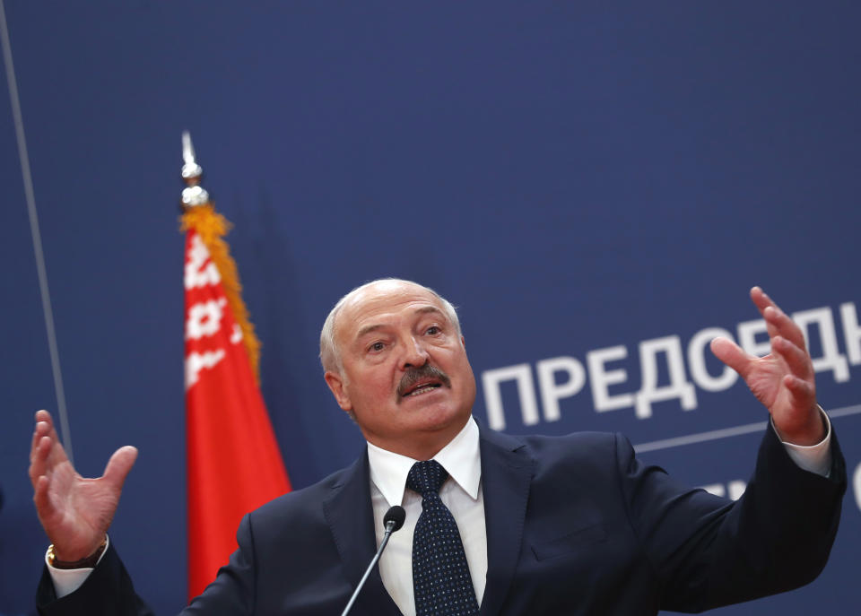 Belarus President Alexander Lukashenko speaks during a press conference after talks with his Serbian counterpart Aleksandar Vucic at the Serbia Palace in Belgrade, Serbia, Tuesday, Dec. 3, 2019. Lukashenko is on a two-day official visit to Serbia. (AP Photo/Darko Vojinovic)