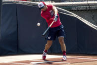 Washington Nationals shortstop Trea Turner takes batting practice as the Washington Nationals hold their first training camp work out at Nationals Stadium, Friday, July 3, 2020, in Washington. (AP Photo/Andrew Harnik)
