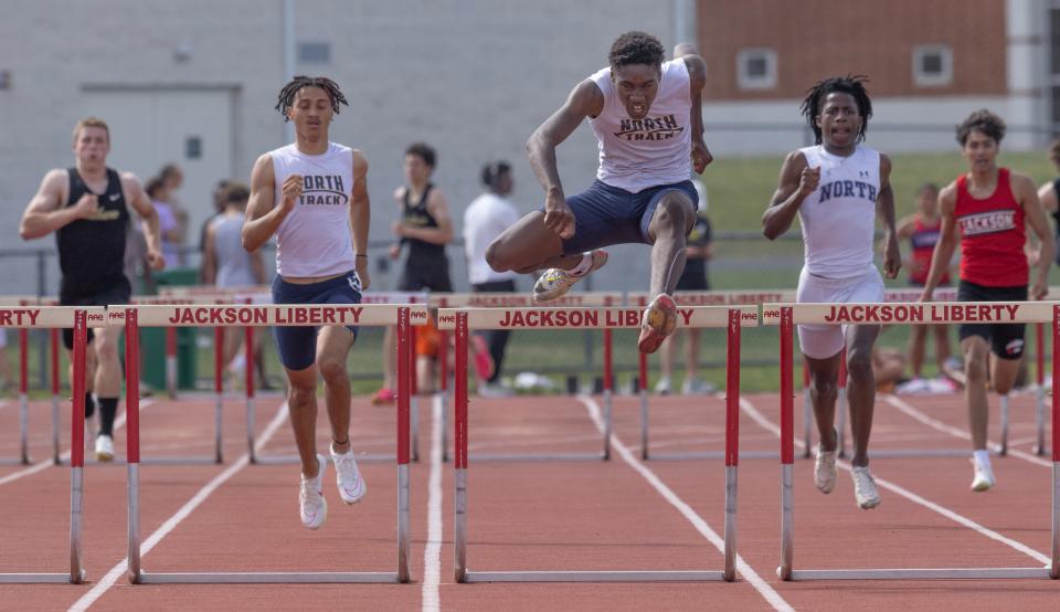 Toms River North’s Mamadi Diawara takes first in the Boys 400 hurdles. Ocean County Track Championships at Jackson Liberty High School on May 8, 2024.