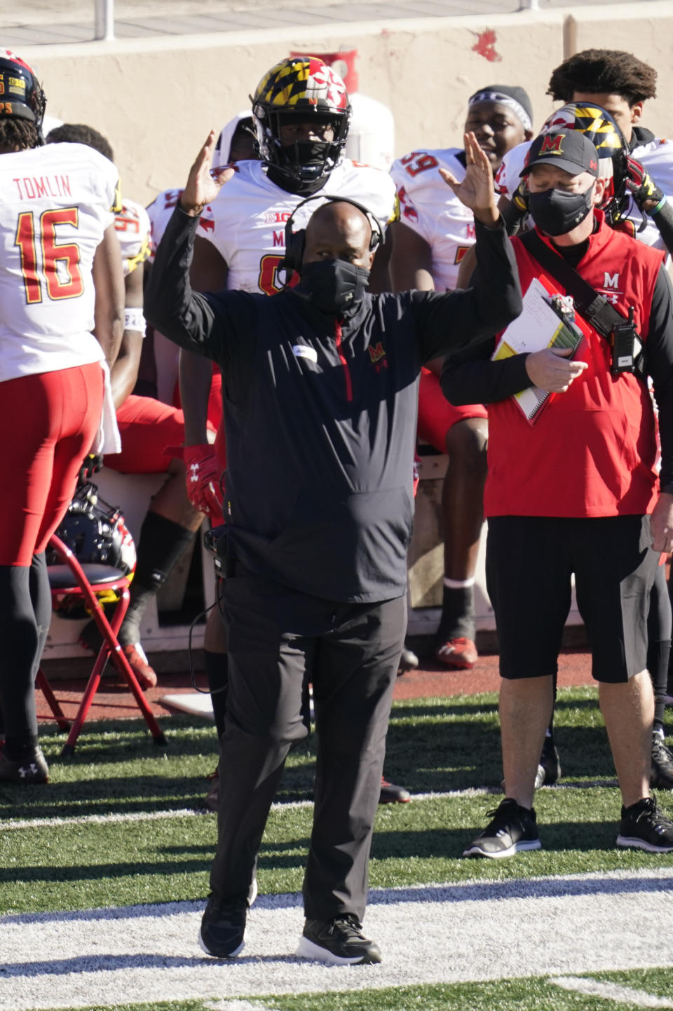 Maryland head coach Michael Locksley signals a field goal during the first half of an NCAA college football game against Indiana, Saturday, Nov. 28, 2020, in Bloomington, Ind. (AP Photo/Darron Cummings)