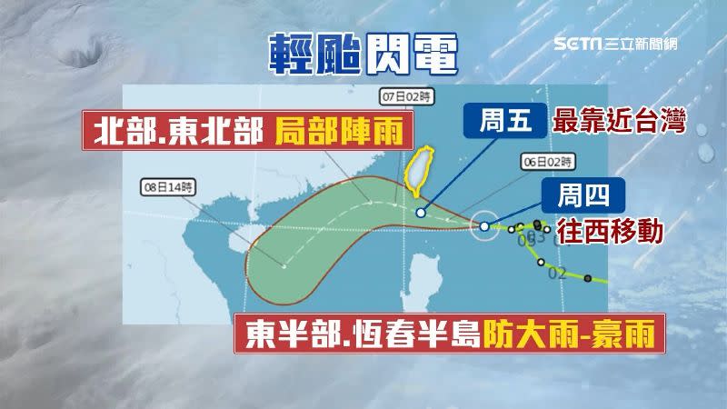 閃電颱風周五最靠近台灣，東半部、恆春半島地區要嚴防豪雨。