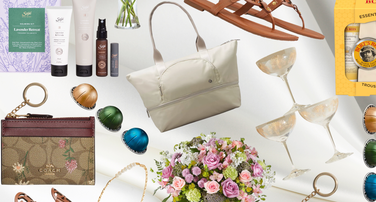 mother's day, collage of mother's day gift ideas in 2023, flower bouquet, lululemon tote bag, anthropologie coupe glasses, burt's bees skincare, nespresso pods, tory burch sandals, jenny bird pearl bracelet