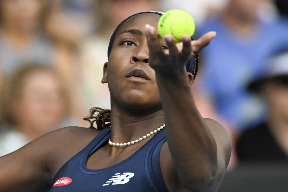 Coco Gauff of the United States serves to compatriot Emma Navarro during their semifinal match at the ASB Tennis Classic in Auckland, New Zealand, Saturday, Jan. 6, 2024. (Andrew Cornaga/Photosport via AP)