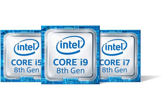 Three Intel Core i9 8th Gen processor badges agsinst a white background.