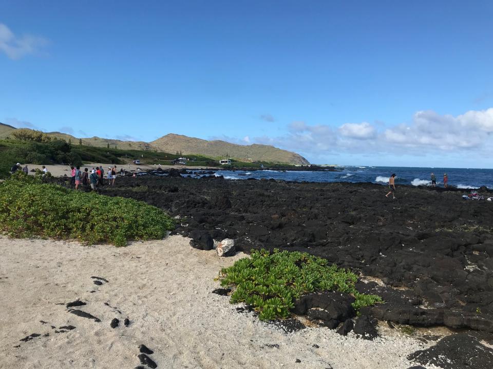 The lava rocks are a big tourist draw at Sandy Beach on Oahu.