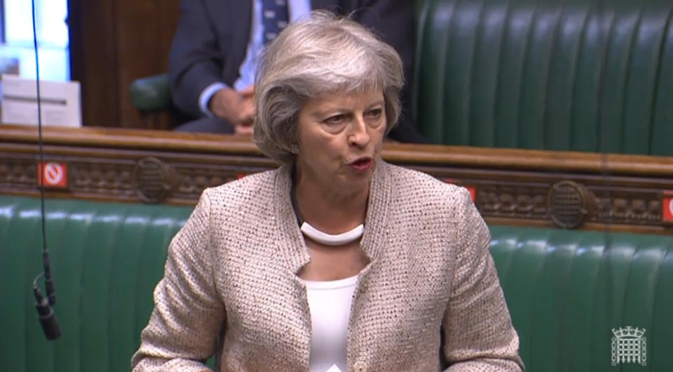 Former prime minister Theresa May asks Cabinet Office minister Michael Gove a question during a session in the House of Commons, London, on the appointment of the National Security Adviser.