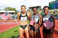 EUGENE, OR - JUNE 23: (L-R) Lolo Jones, Dawn Harper and Kellie Wells pose after qualifying for the Olympics after the women's 100 meter hurdles final during Day Two of the 2012 U.S. Olympic Track & Field Team Trials at Hayward Field on June 23, 2012 in Eugene, Oregon. (Photo by Andy Lyons/Getty Images)