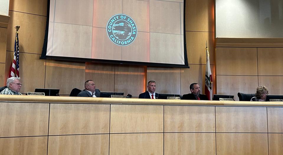 Shasta County Supervisors listen to speakers during the Tuesday, Feb. 6, 2024, meeting.
