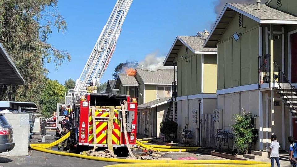 Three alarms were called for apartment fire near Mark and Dakota avenues in Fresno, California, on Monday, May 16, 2022.