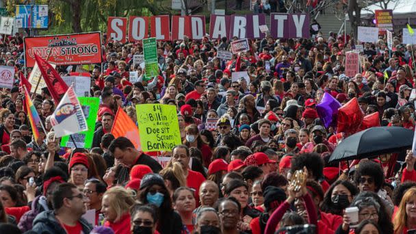 PHOTO: United Teachers of Los Angeles and SEIU 99 members hold a joint rally at Grand Park in a show of solidarity, Mar. 15, 2023, in Los Angeles. (Francine Orr/Los Angeles Times via Getty Images)