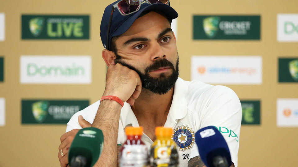 Virat Kohli addresses the media after being defeated during day five of the second match in the Test series. (Photo by Paul Kane – CA/Cricket Australia/Getty Images)