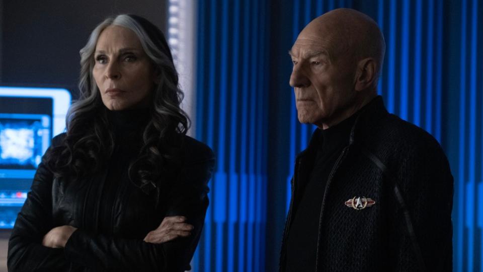 Gates McFadden as Dr. Beverly Crusher and Patrick Stewart as Picard in "Vox" Episode 309, Star Trek: Picard on Paramount+.  Photo Credit: Trae Patton/Paramount+. ©2021 Viacom, International Inc.  All Rights Reserved.