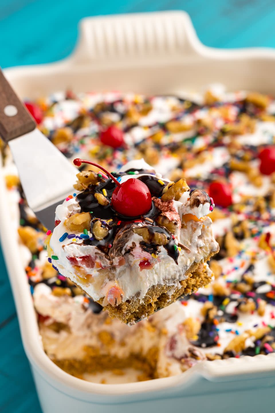 <p>This no-bake dessert is hands down the most fun way to eat a banana split.</p><p>Get the recipe from <a href="https://www.delish.com/cooking/recipe-ideas/recipes/a47617/banana-split-lasagna-recipe/" rel="nofollow noopener" target="_blank" data-ylk="slk:Delish;elm:context_link;itc:0;sec:content-canvas" class="link ">Delish</a>. </p>