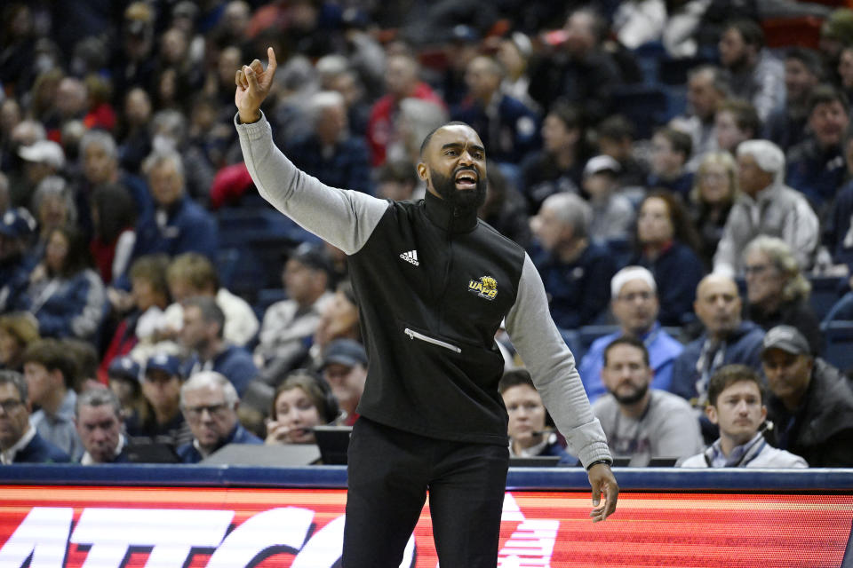 Arkansas-Pine Bluff head coach Solomon Bozeman gestures in the first half of an NCAA college basketball game against UConn, Saturday, Dec. 9, 2023, in Storrs, Conn. (AP Photo/Jessica Hill)