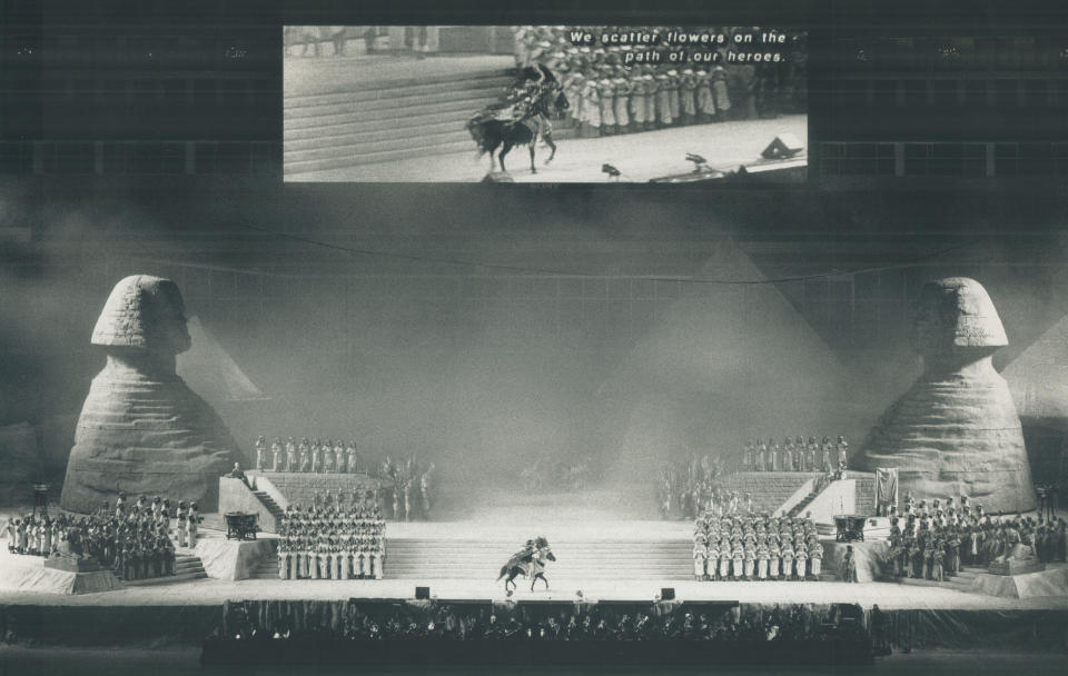 October 26, 1989: Horse and rider are dwarfed against a huge staging in SkyDome as sphinxes and chorus made for a dramatic opera setting. (Photo by Dick Loek/Toronto Star via Getty Images)