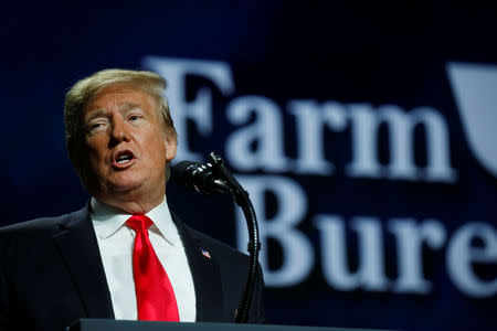 FILE PHOTO: U.S. President Donald Trump addresses the National Farm Bureau Federation's 100th convention in New Orleans, Louisiana, U.S., January 14, 2019. REUTERS/Carlos Barria