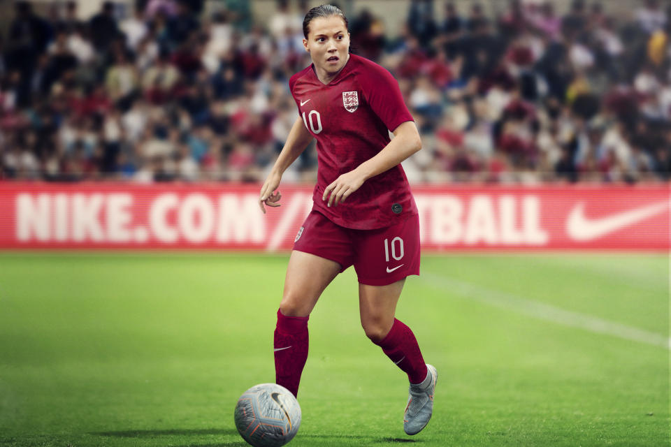 <p>The stunning away kit is a dark red crush colour, which is a unique darker shade exclusively for the women’s team, and incorporates the St. George’s Cross on the shirt and a tonal crest unique to the Lionesses. </p>