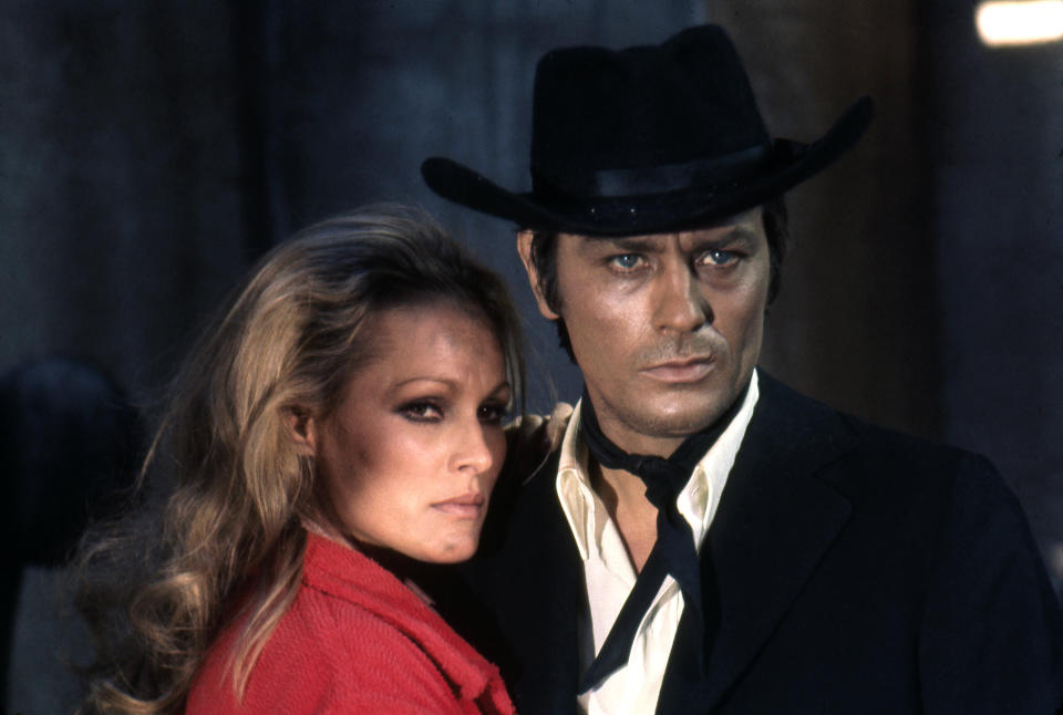 <p>Swiss actress Ursula Andress and French actor Alain Delon on the set of Soleil Rouge (Red Sun), directed by British Terence Young. (Photo by Sunset Boulevard/Corbis via Getty Images)</p>
