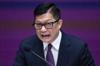 Hong Kong's Secretary for Security Chris Tang speaks during a press conference at government headquarters in Hong Kong, Tuesday, Jan. 30, 2024. (AP Photo/Louise Delmotte)