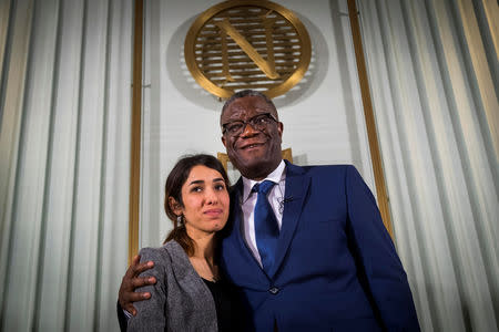 Nobel peace prize laureates Nadia Murad and Denis Mukwege attend a news conference at the Nobel Institute in Oslo, Norway December 9, 2018. NTB Scanpix/Heiko Junge via REUTERS