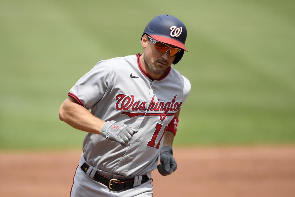 Washington Nationals' Ryan Zimmerman rounds the bases on his three-run home during the sixth inning of a baseball game against the Baltimore Orioles, Sunday, July 25, 2021, in Baltimore. (AP Photo/Nick Wass)