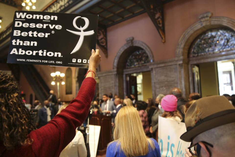 Rep. Justin Bamberg, D-Bamberg, speaks against an abortion bill at a news conference in the Statehouse on Wednesday, Feb. 17, 2021 in Columbia, S.C. Democrats walked out during the debate. (AP Photo/Jeffrey Collins)