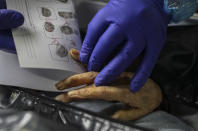 An employee takes the fingerprints of a woman who died from the new coronavirus before her remains are cremated at La Recoleta crematorium in Santiago, Chile, Saturday, June 27, 2020. The Ministry of Health reported on Saturday the highest number of deaths in Chile since the start of the pandemic. (AP Photo/Esteban Felix)