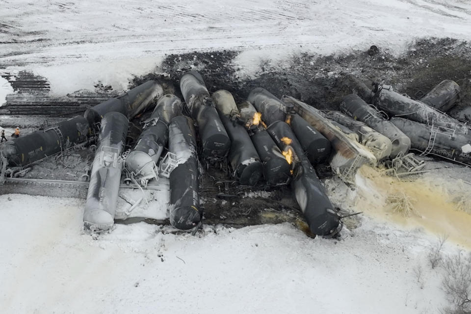 FILE - A BNSF train carrying ethanol and corn syrup derailed and caught fire near Raymond, Minn., on March 30, 2023. Federal investigators said Tuesday, April 18, that BNSF railroad is analyzing a section of fractured rail after last month's fiery derailment that prompted evacuations in southwest Minnesota, but they didn't say definitively that the broken rail caused the crash. (Mark Vancleave /Star Tribune via AP, File)