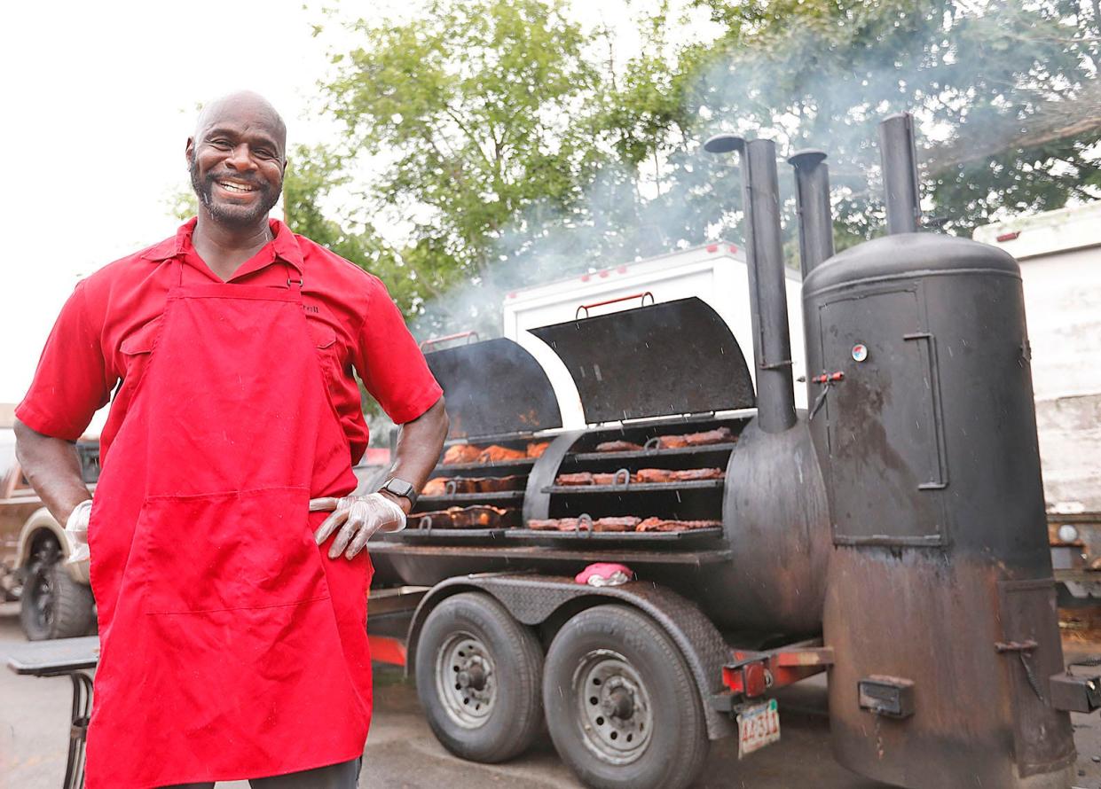 Morrell Presley with the smoker for his food truck, Morrell's BBQ, which serves barbecue ribs and brisket off Route 3A in Hingham on Thursday, Aug. 11, 2022.