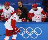 Ice Hockey - Pyeongchang 2018 Winter Olympics - Men Semifinal Match - Czech Republic v Olympic athletes from Russia - Gangneung Hockey Centre, Gangneung, South Korea - February 23, 2018 - Olympic athletes from Russia's Ilya Kovalchuk celebrates a goal. REUTERS/Grigory Dukor