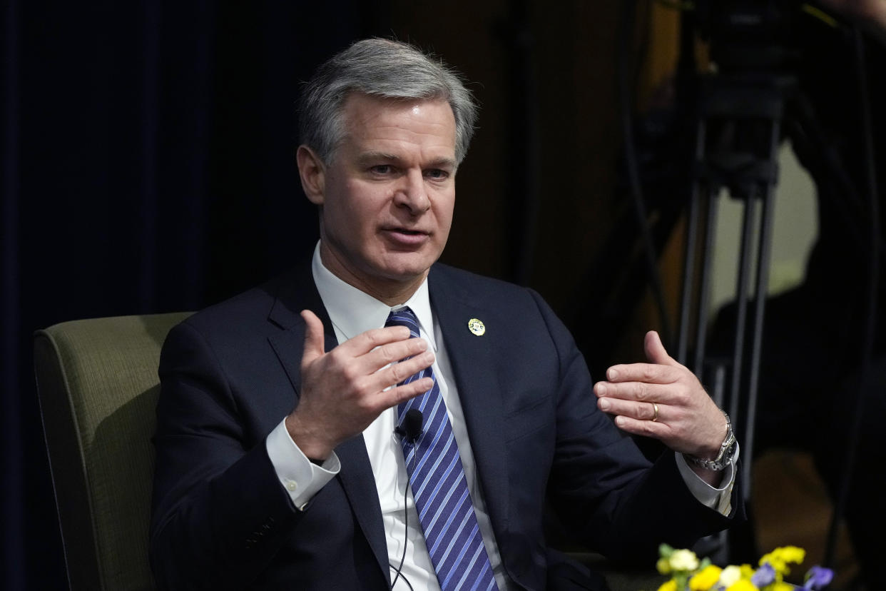 FBI Director Christopher Wray speaks at the Gerald R. Ford School of Public Policy at the University of Michigan, Friday, Dec. 2, 2022, in Ann Arbor, Mich. Wray is raising national security concerns about TikTok, warning Friday that control of the popular video sharing app is in the hands of a Chinese government "that doesn't share our values." (AP Photo/Carlos Osorio)