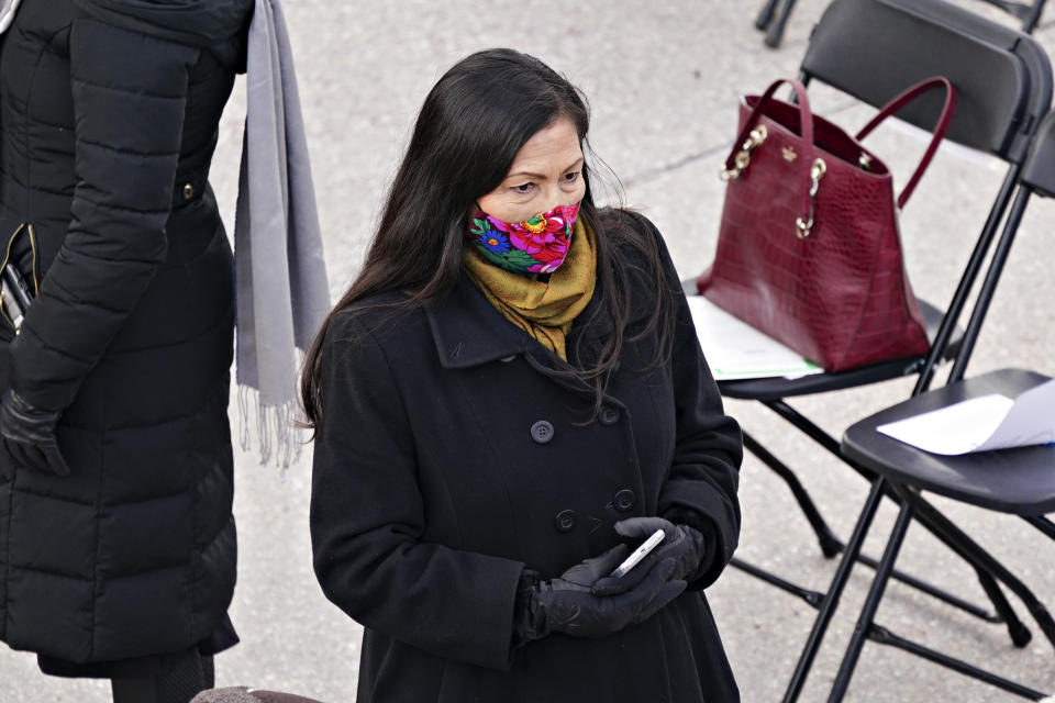 FILE - In this Jan. 20, 2021, file photo, Rep. Deb Haaland, a Democrat from New Mexico and nominee to be secretary of the interior for President Joe Biden, wears a mask while attending the 59th presidential inauguration in Washington. If confirmed, she would lead the Interior Department, which oversees tribal affairs, and she would be the first Native American in a Cabinet post. (Kevin Dietsch/Pool Photo via AP, File)