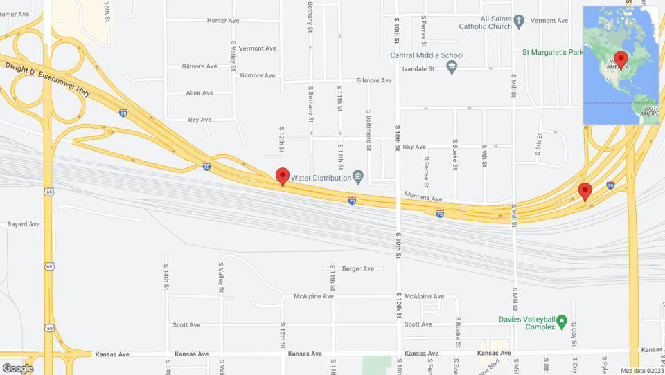 A detailed map that shows the affected road due to 'Reports of a crash on eastbound I-70' on September 18th at 11:20 p.m.