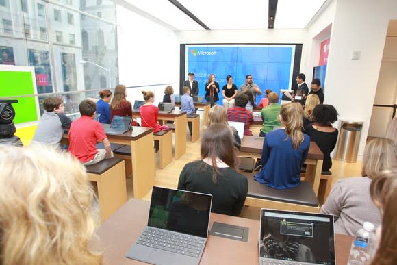 Children in a Microsoft store during a coding event.