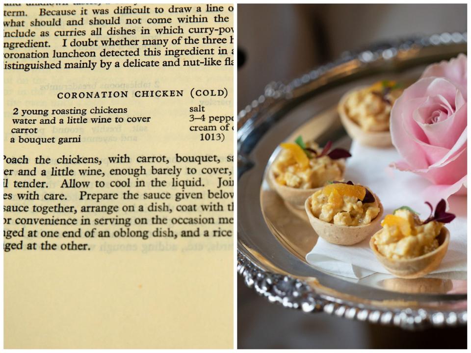 A composite image showing the original printed recipe for Coronation Chicken on the left, and a silver platter of Coronation Chicken vol-au-vents with a pink rose on the right.