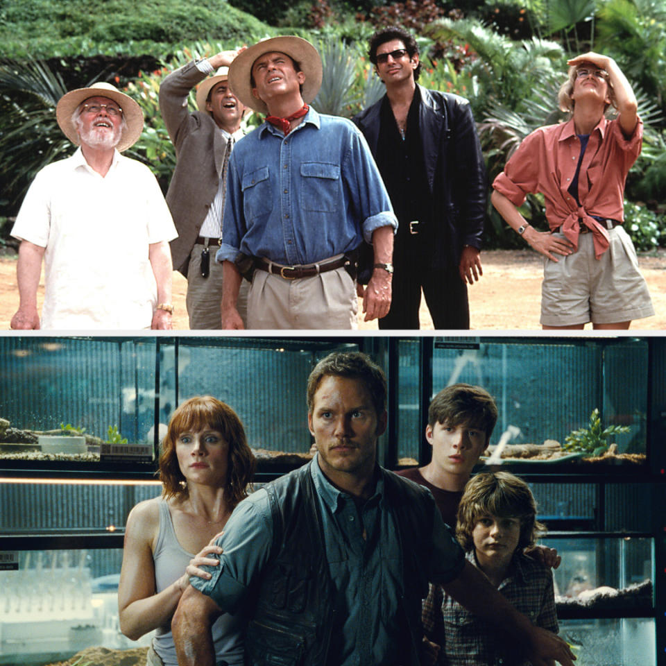 Top: Richard Attenborough, Sam Neill, Jeff Goldblum, and Laura Dern look up in awe in Jurassic Park. Bottom: Bryce Dallas Howard, Chris Pratt, Ty Simpkins, and Nick Robinson appear tense in Jurassic World