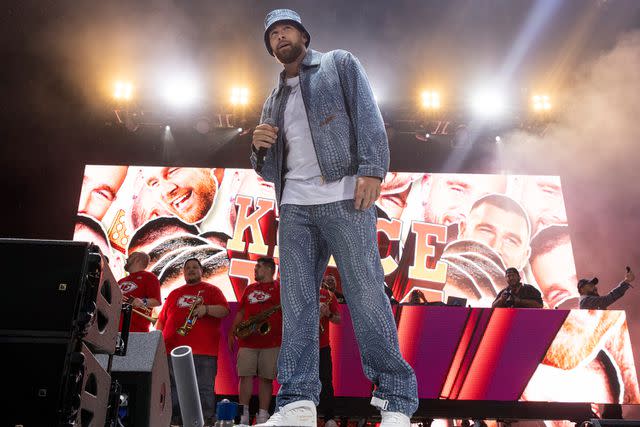 <p>Barry Brecheisen/Getty</p> Travis Kelce during the Kelce Jam at Azura Amphitheatre on April 28, 2023