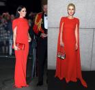 <p>Meghan Markel made a statement when she wore a <a href="https://www.harpersbazaar.com/celebrity/latest/a31269984/meghan-markle-red-cape-dress-mountbatten-festival-of-music/" rel="nofollow noopener" target="_blank" data-ylk="slk:red cape gown by Safiyaa;elm:context_link;itc:0;sec:content-canvas" class="link ">red cape gown by Safiyaa</a> to the Royal Albert Hall in March 2020. Nicky Hilton wore a similar dress to the amfAR gala in New York City in 2015. </p>