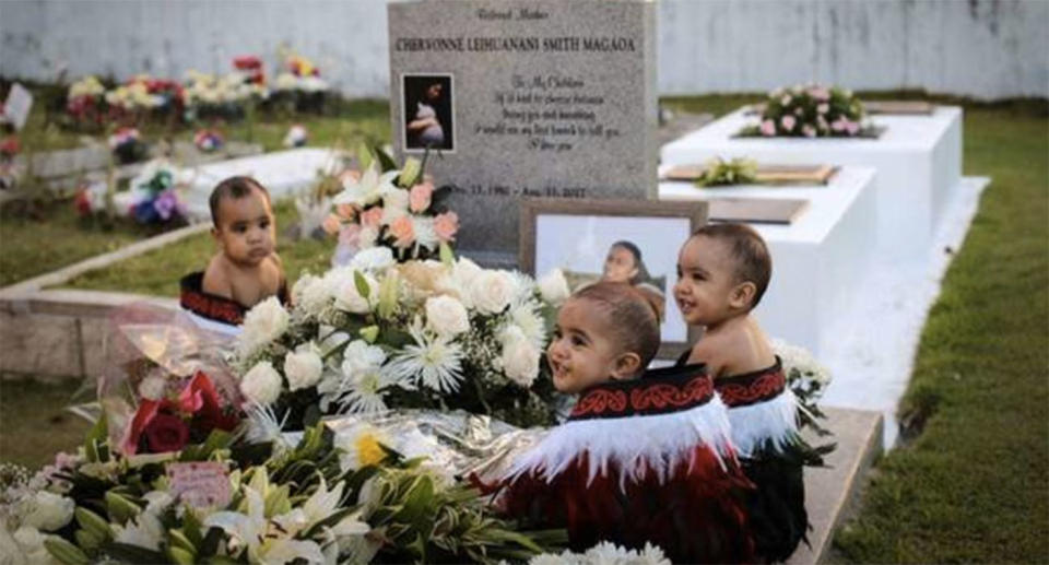 The triplets visit their mother’s grave on their first birthday. Source: Supplied/Martin Magaoa