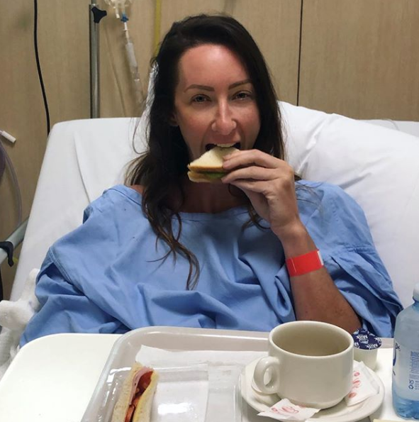 A photo of Googlebox star Isabelle Silbery in hospital following surgery to remove several cancerous polyps removed from her bowel