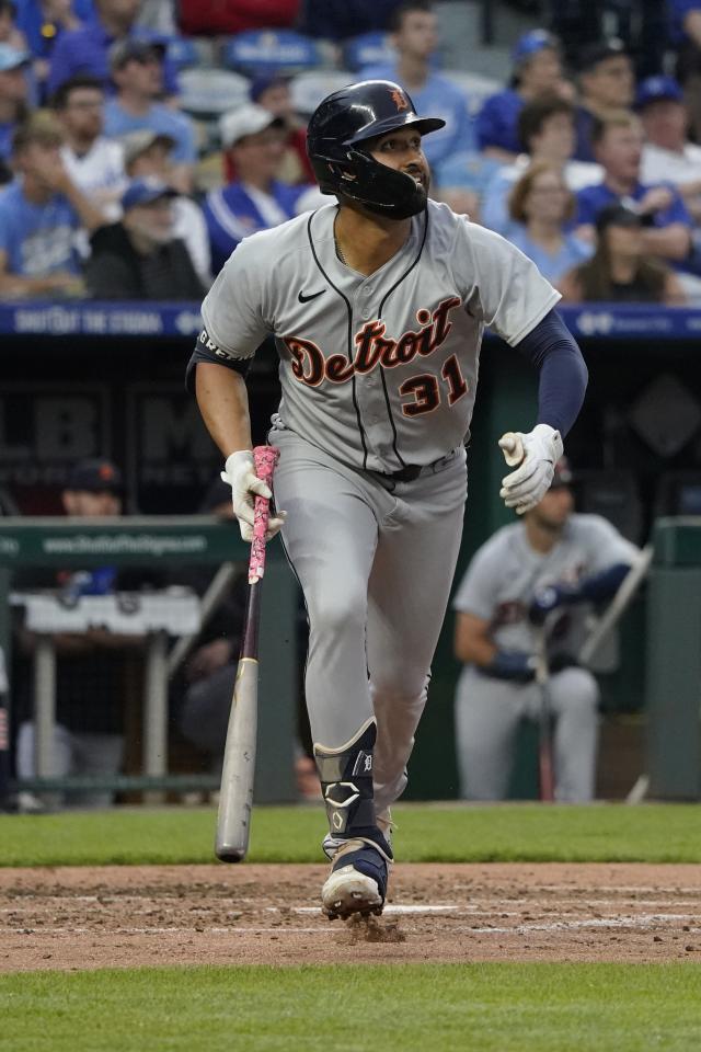 Tigers center fielder Riley Greene hits a solo home run in the fourth inning on Wednesday, May 24, 2023, in Kansas City, Missouri.