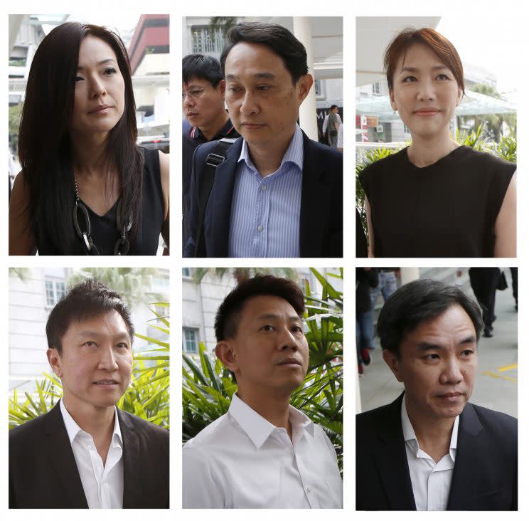 City Harvest Church members (clockwise from top left) former finance manager Serina Wee, former fund manager Chew Eng Han, former finance manager Sharon Tan, former treasurer John Lam, deputy senior pastor Tan Ye Peng and founder Kong Hee. (PHOTO: Reuters)